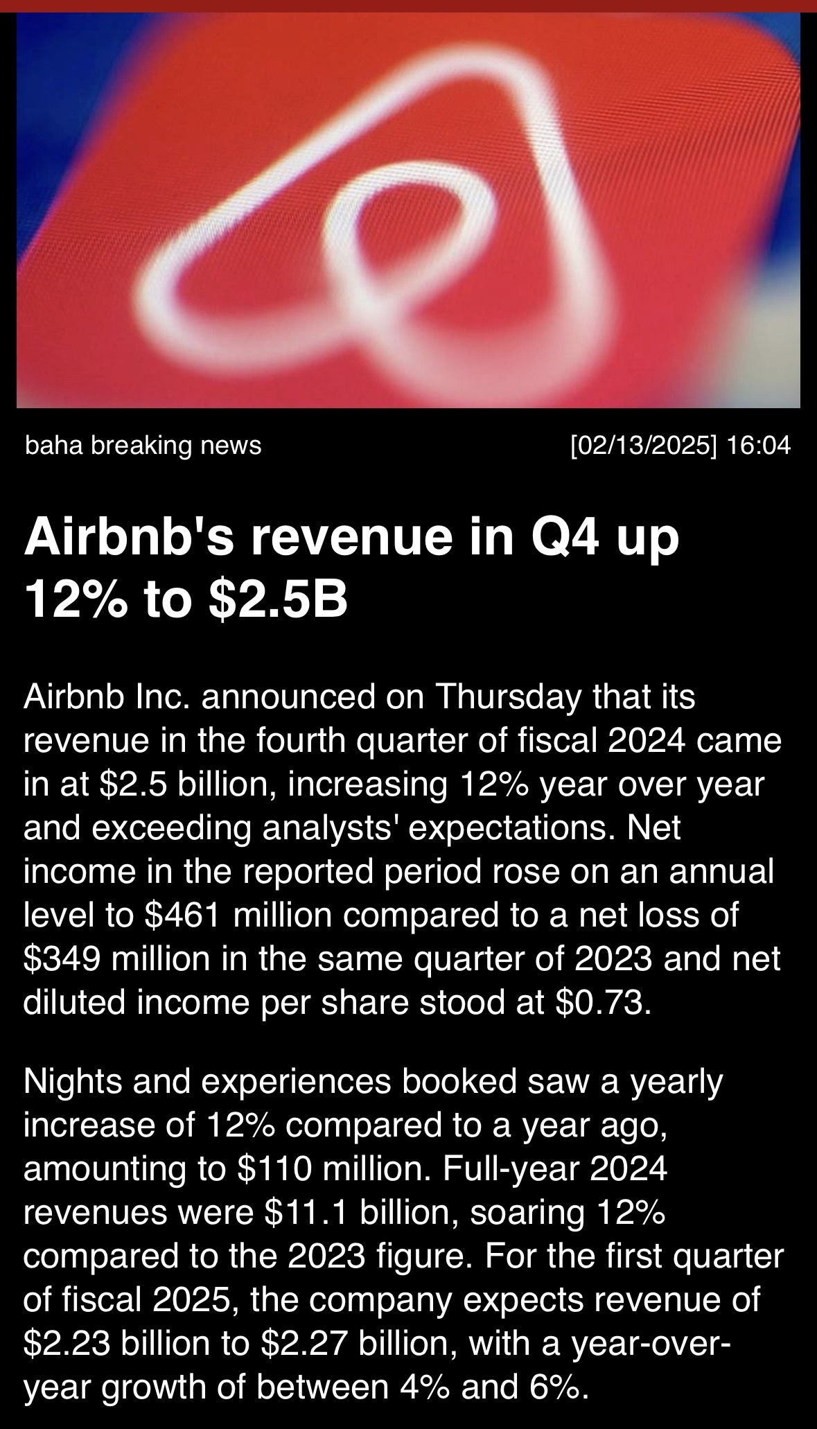 Airbnb’s revenue in Q4 up 12% to 2.5B