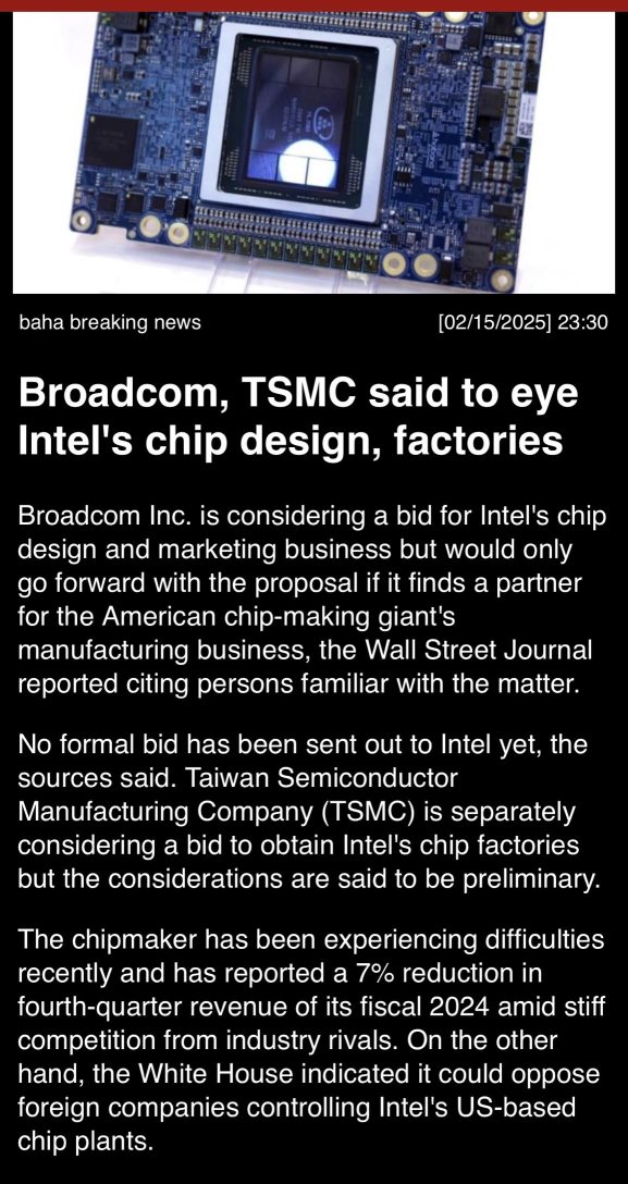 Broadcom, TSMC said to eye Intels’s chip design, factories