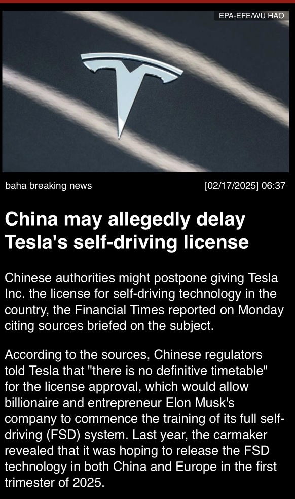 China may allegedly delay Tesla’s self-driving license