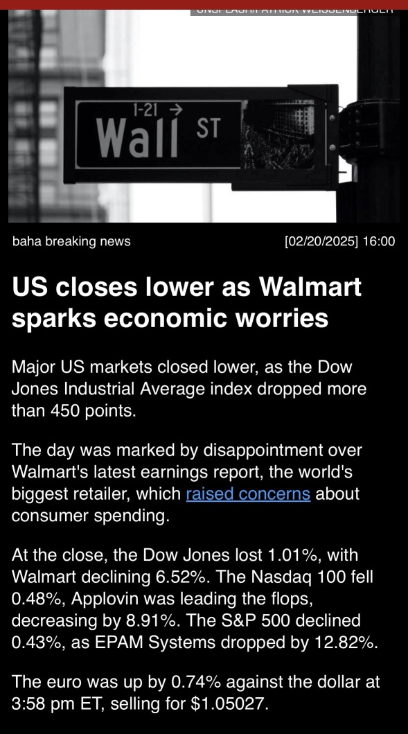 U.S. closes lower as Walmart sparks economic worries.