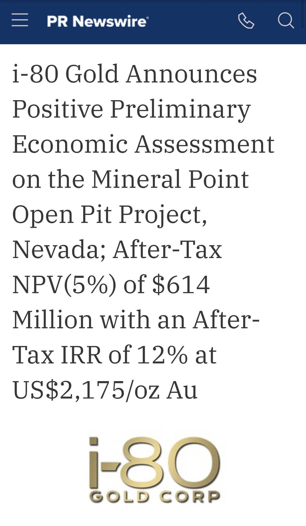 $I-80 Gold (IAUX.US)$