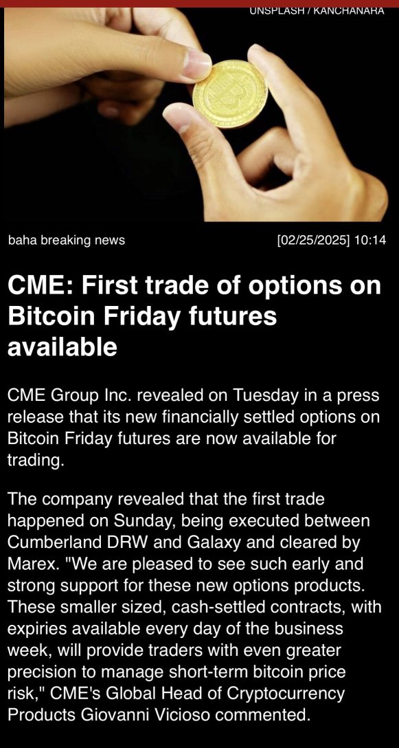 CME: First trade of options on Bitcoin Friday futures available