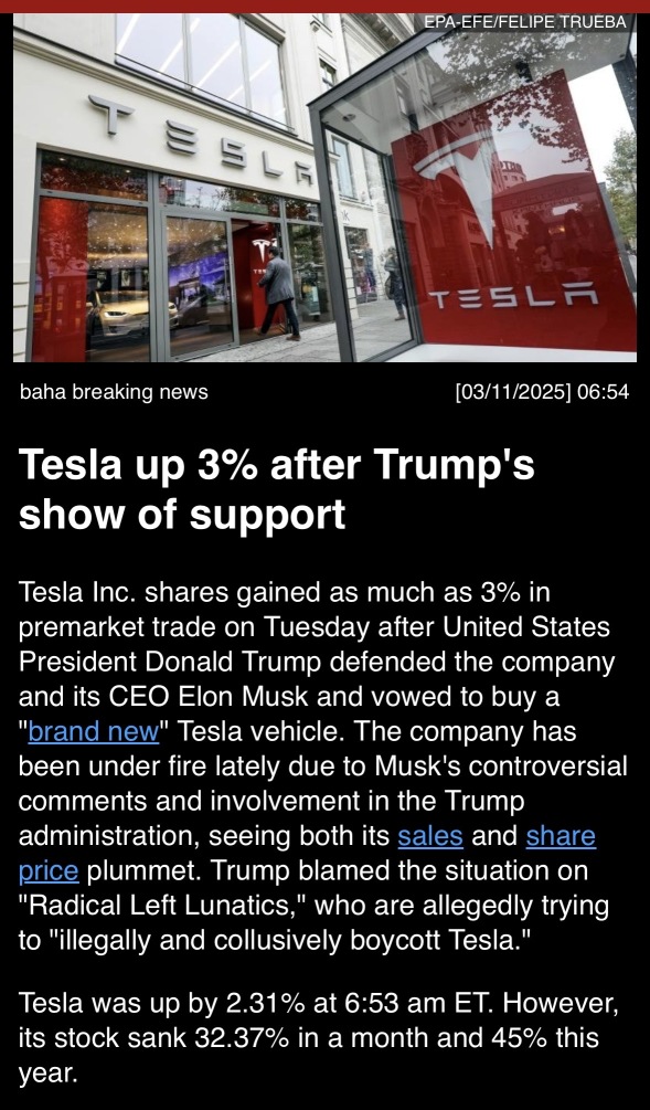 Tesla up 3% after Trump’s show of support