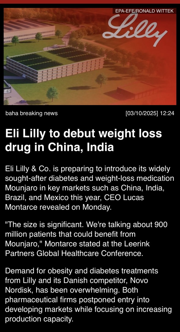 Eli Lilly to debut weight loss drug in China, India.