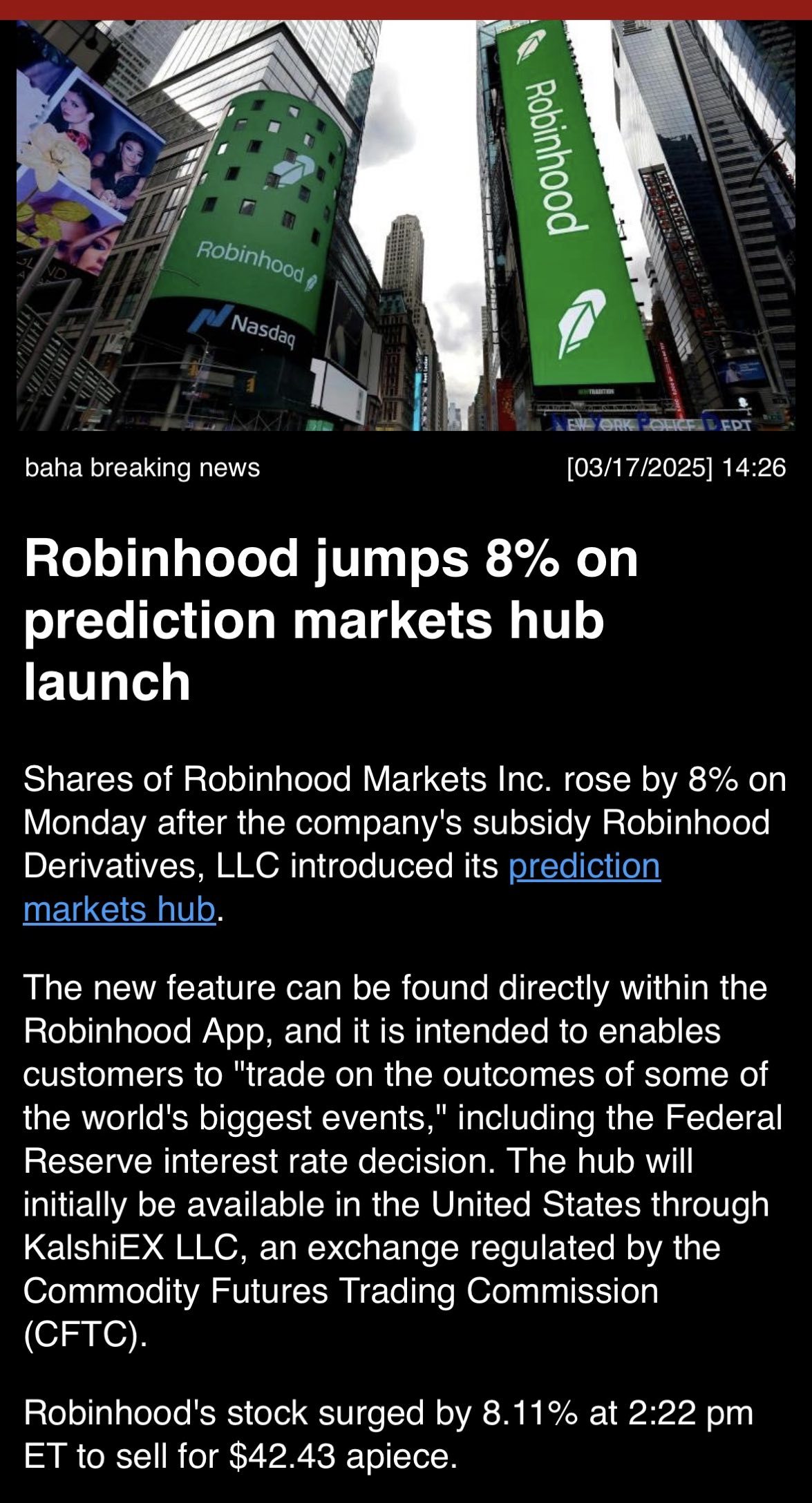 Robinhood在预测市场中心推出后上涨8% - moomoo 社区