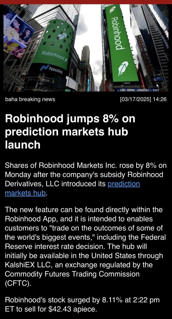 ロビンフッドは予測市場ハブのローンチにより8％上昇