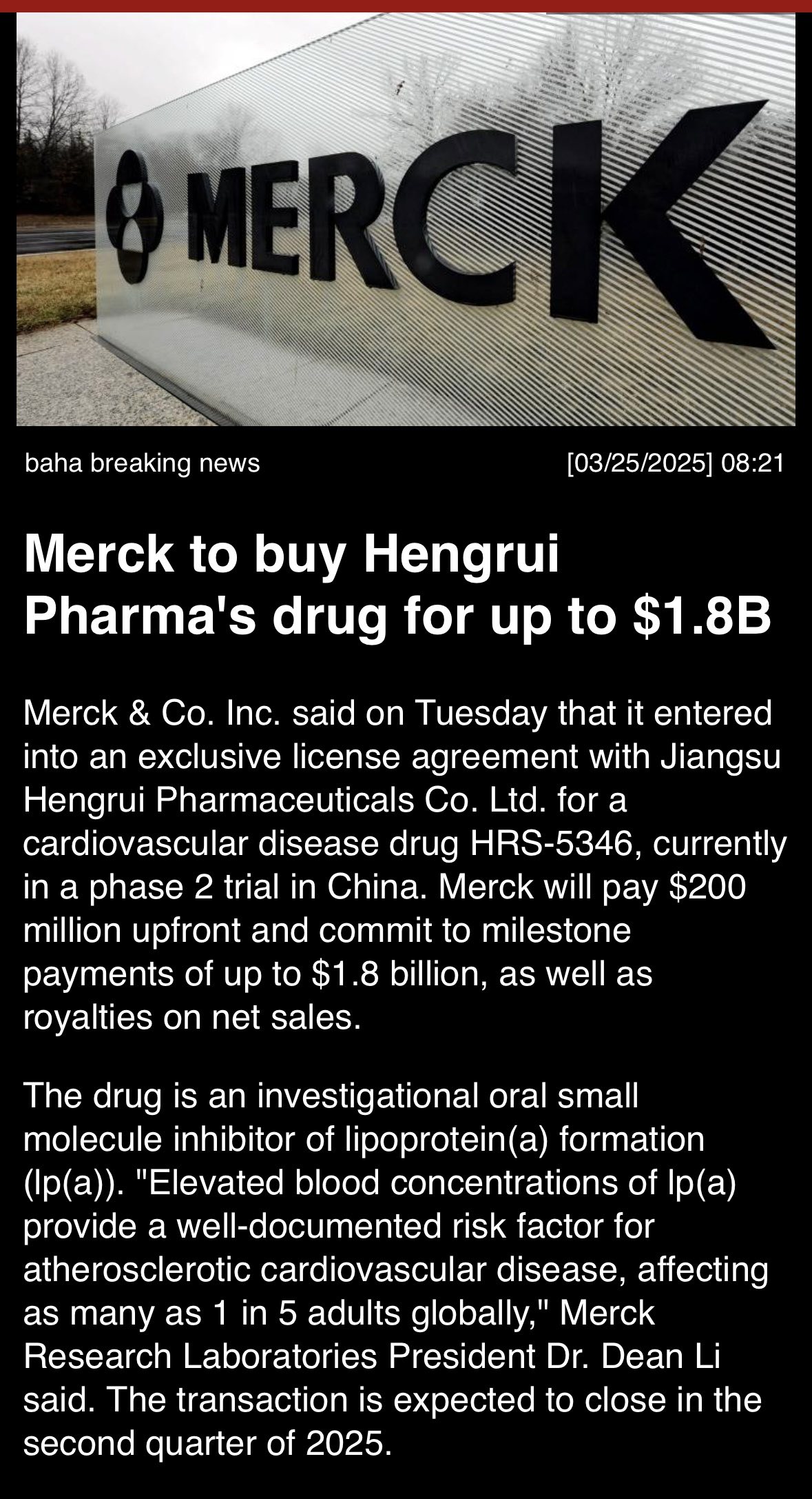 Merck to buy Henguri Pharma’s drug for up to $1.8B