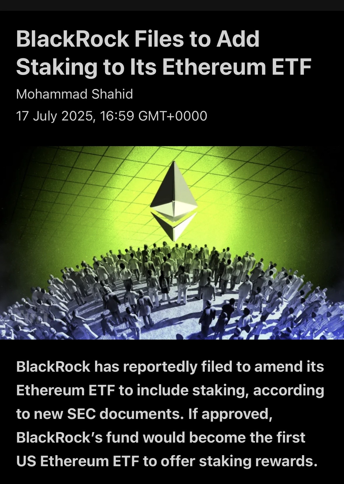 BlackRock Files to Add Staking to its Ethereum ETF - moomoo Community