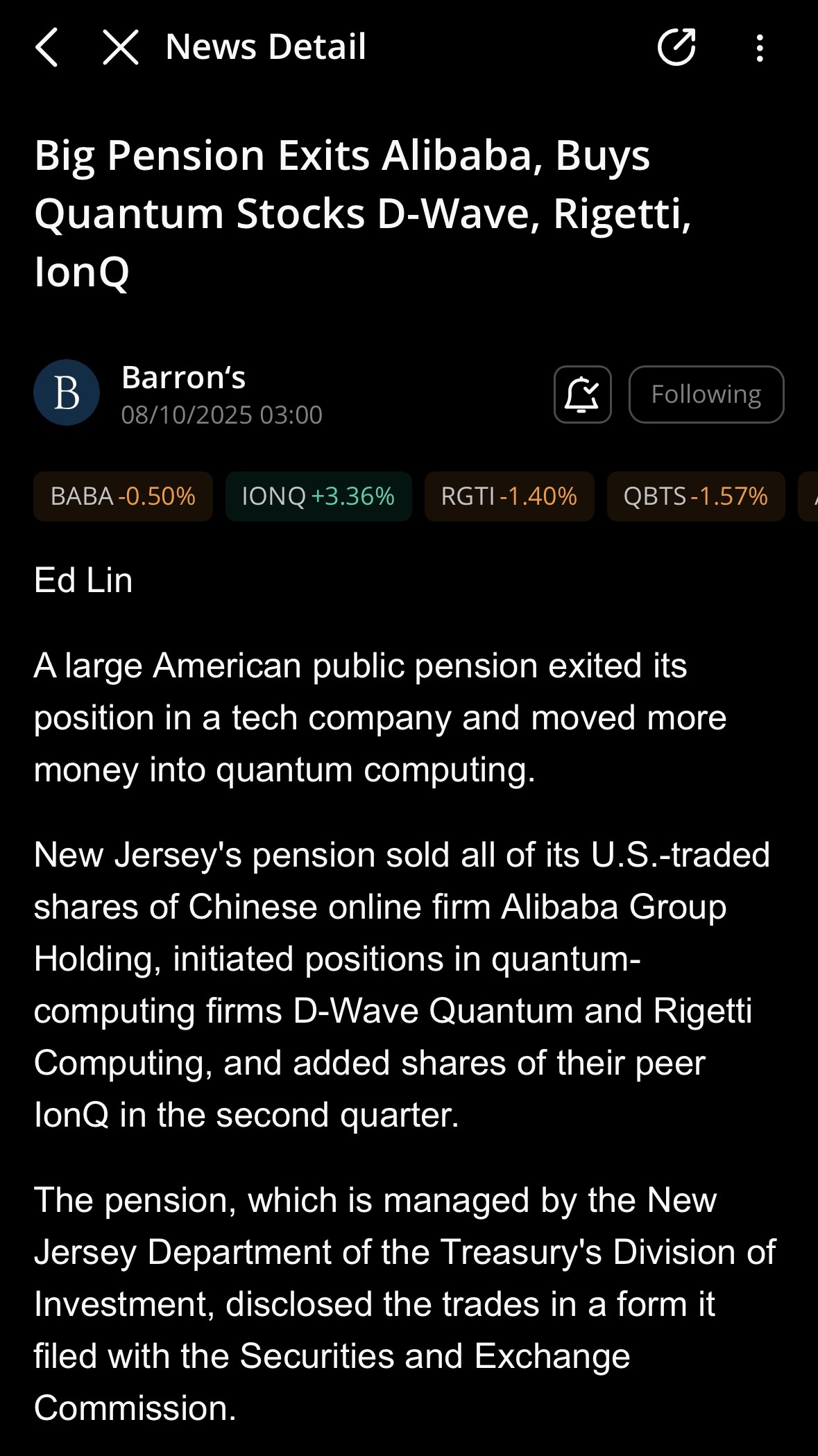 Big Pension Exits Alibaba, Buys Quantum Stocks D-Wave, Rigetti, Ion Q 🚨