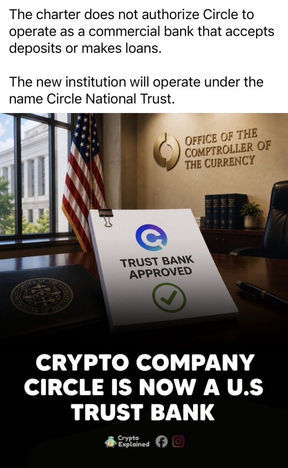 Purpose: It’s meant to support federally-regulated custody of USDC, with reserves management planned as a future capability. (Circle) This is 1 of 5 firms alongside: Ripple, Paxos, BitGo & Fidelity.
