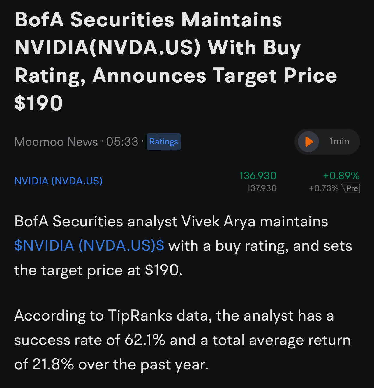 $NVIDIA (NVDA.US)$ new Target og Bank of America is 190 🚀