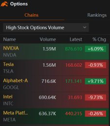 今日は取引量が最も多いオプションのリストです。いつものように、一番上にあるのはNvidiaです