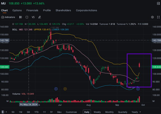 美光的股价上涨推动了115美元看涨期权的吸引力，因为业绩超出预期