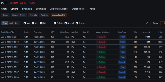 Palantir Sees Millions of Dollars in Bearish Option Trades as Stock Tumbles