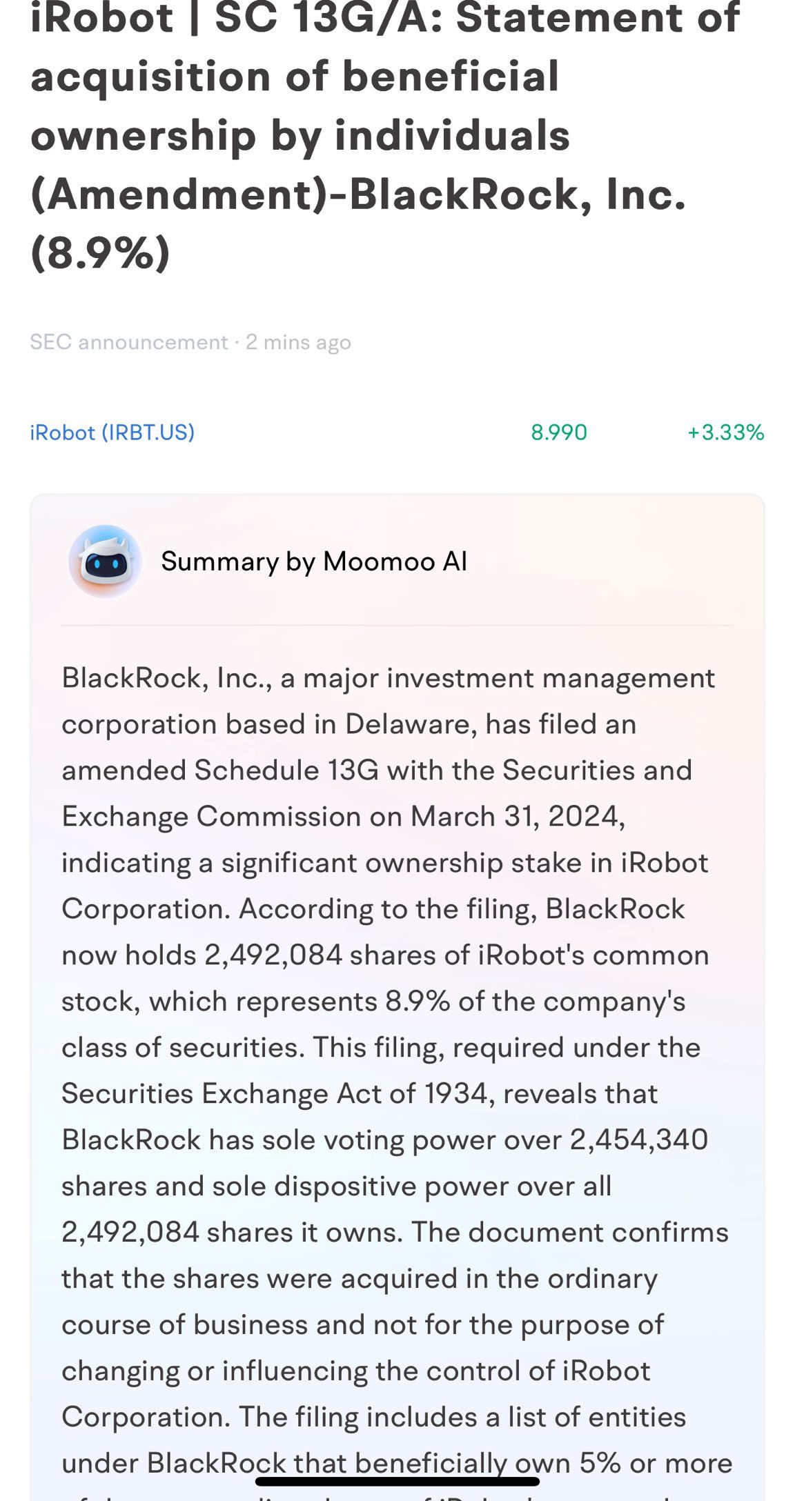 $iRobot (IRBT.US)$ Black Rock has acquired a significant stake! 🤩