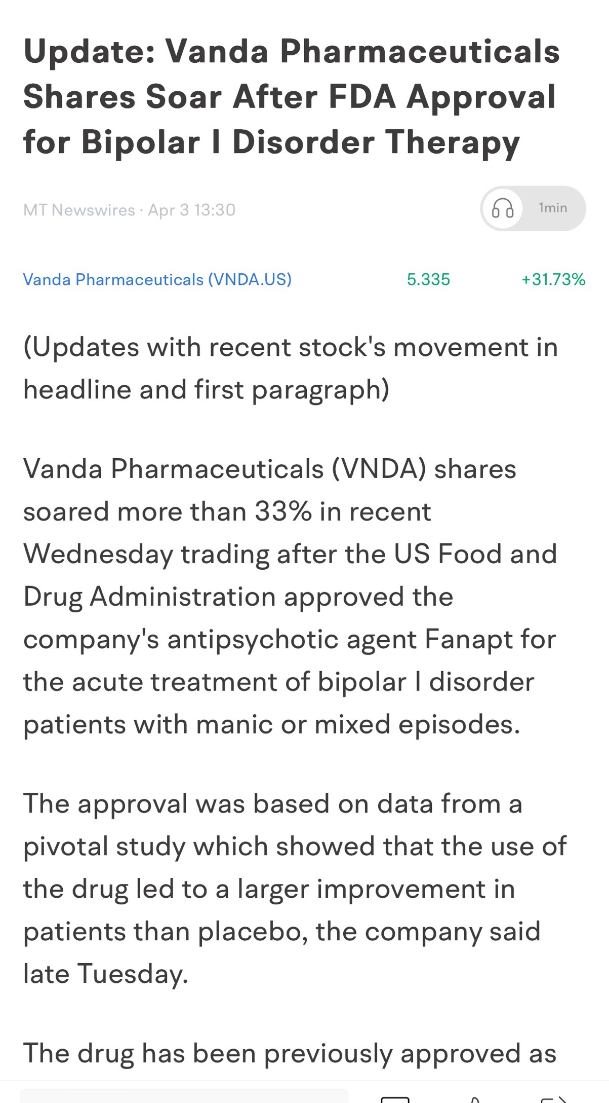 $万达生物制药 (VNDA.US)$ 美国食品和药物管理局最近批准用于双极性。