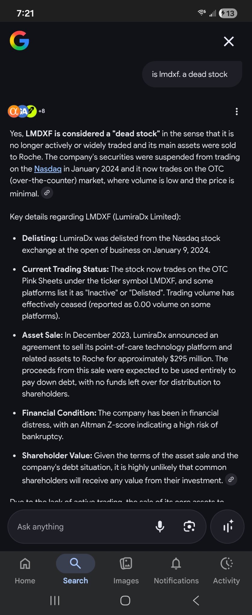 $LumiraDx (LMDXF.US)$ 關於粉單你說得對。但這裏涉及到法律問題。資金已經進行了交割。如果股票已經毫無價值，羅氏不可能去買一支『死亡』的股票，這樣做沒有任何收益。除非他們的所有產品、設備等都被視作抵押品。但關鍵在於，數百萬股股票依然有明確的價格標籤。那麼接下來的問題是？