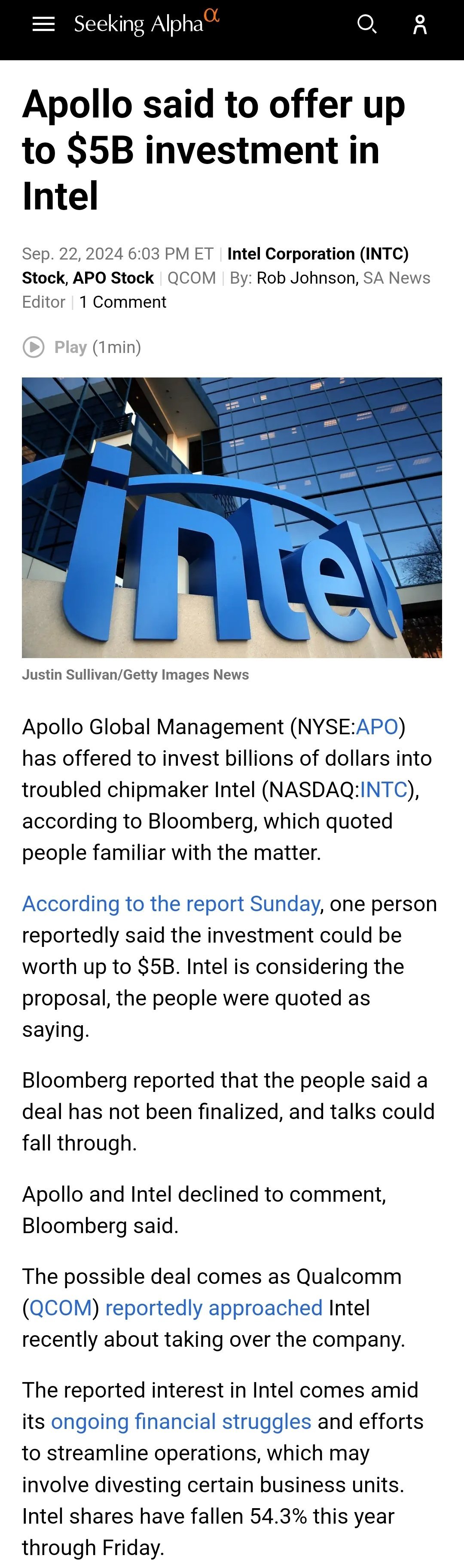 Apollo said to offer up to $5B investment in Intel - moomoo Community