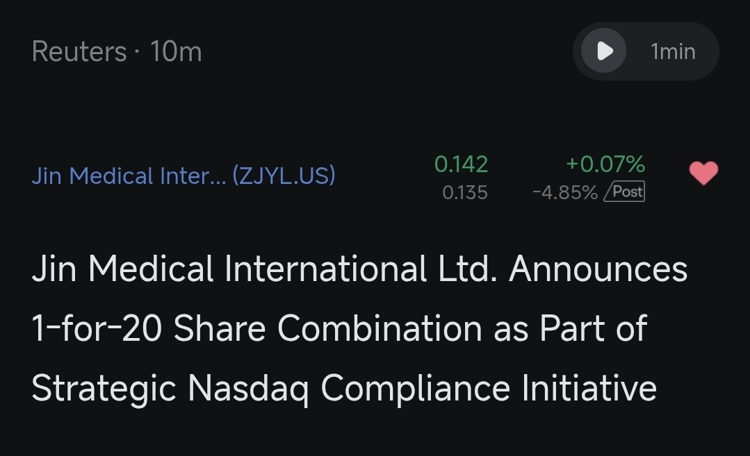$中进医疗 (ZJYL.US)$[链接: 中进医疗宣布为符合纳斯达克战略合规要求，将实施1合20的股份合并]