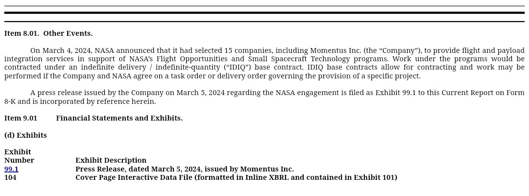 $Momentus (MNTS.US)$  Give the new 8-K a read. Nasa has chosen Momentus to contract work to.
