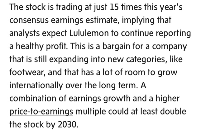 我已大量開多$LULU。14.5倍的市盈率，淨現金資產負債表，長期資本回報率非常高，管理層在當前價格大量回購股票。目標價300