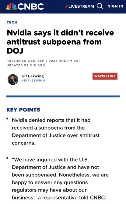 NVDA receives antitrust subpoena from DOJ 🤔 …or so “they” say 😏