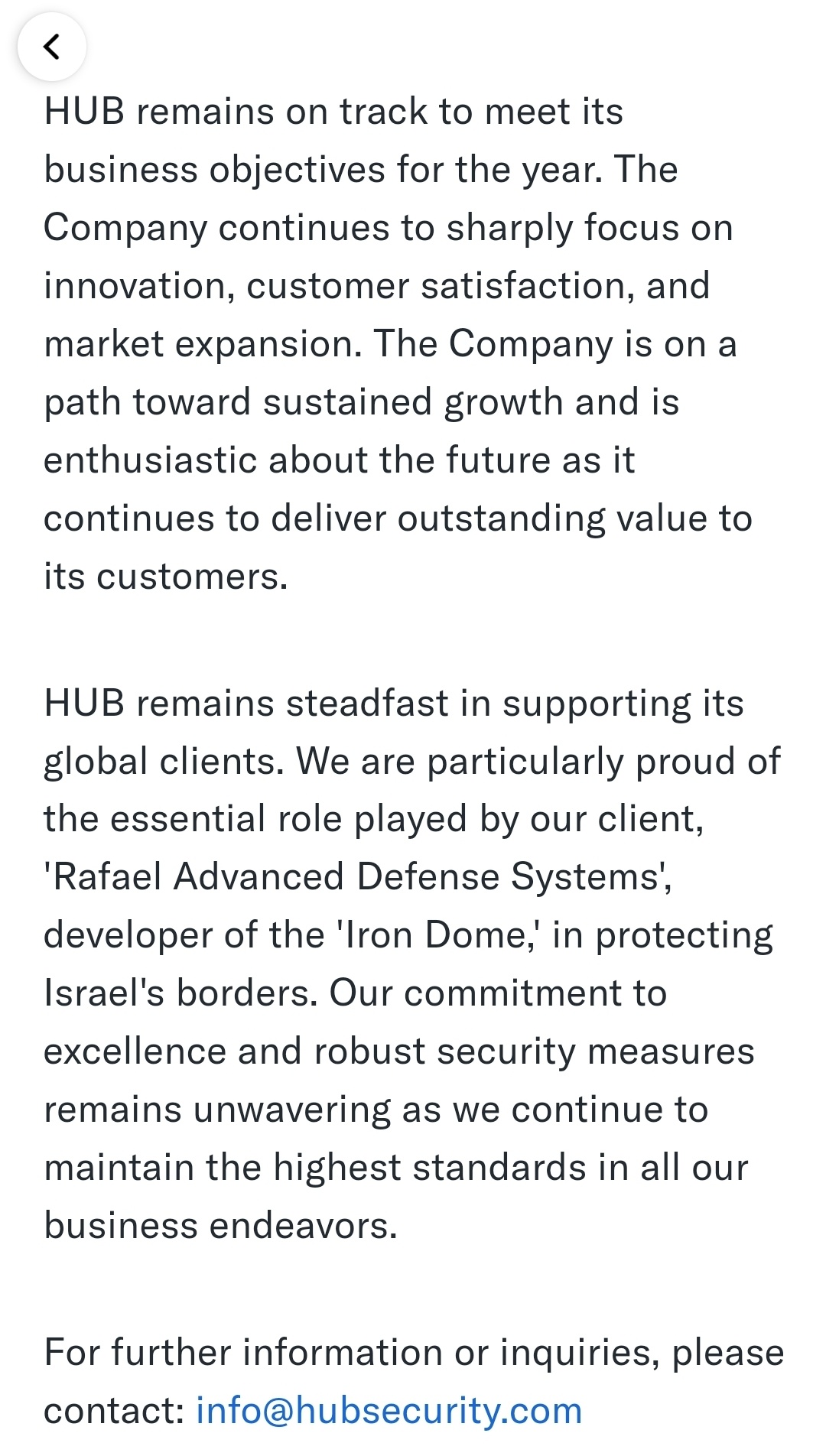 $HUB Cyber Security (HUBC.US)$ 参与以色列防御系统