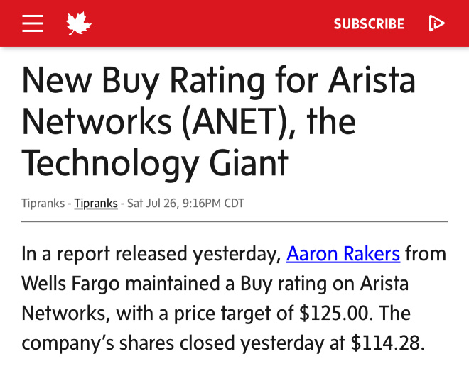 Wells Fargo buy rating on Arista Networks
