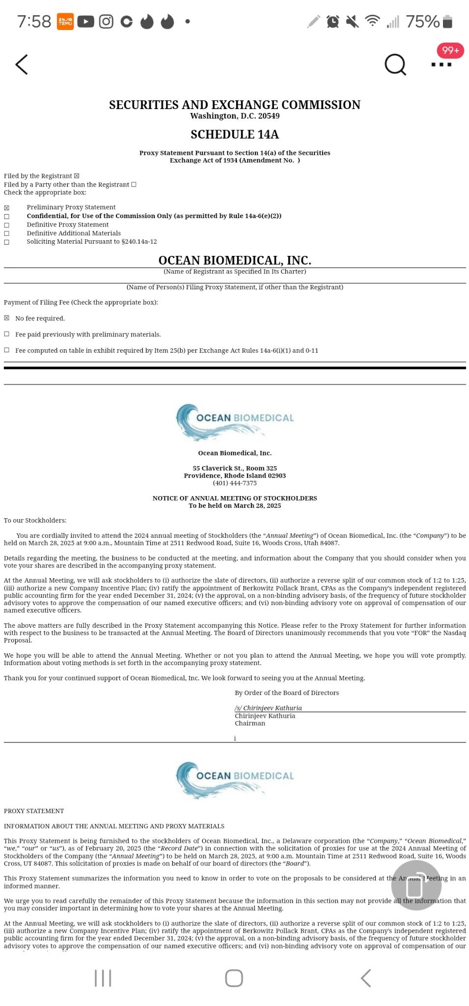 $Ocean Biomedical (OCEA.US)$ 會議公告。討論1-25之間的反向拆分比例1-2...