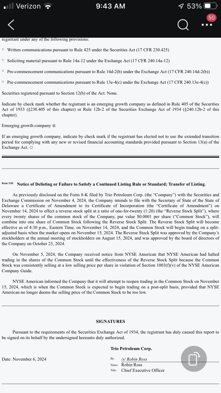 $Trio Petroleum (TPET.US)$ 皆、何なんだこの状況は？分割後まで停止するって。私は売り抜けたかったから、分割前に売るために買い増ししていたのに、今... まぁ今は立ち往生。こんなことがあるなんて全く知らなかった。🤬