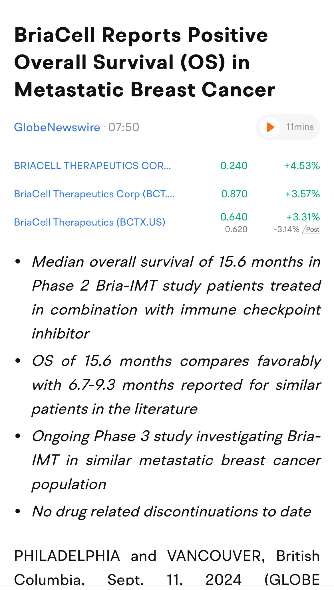 $BriaCell Therapeutics (BCTX.US)$