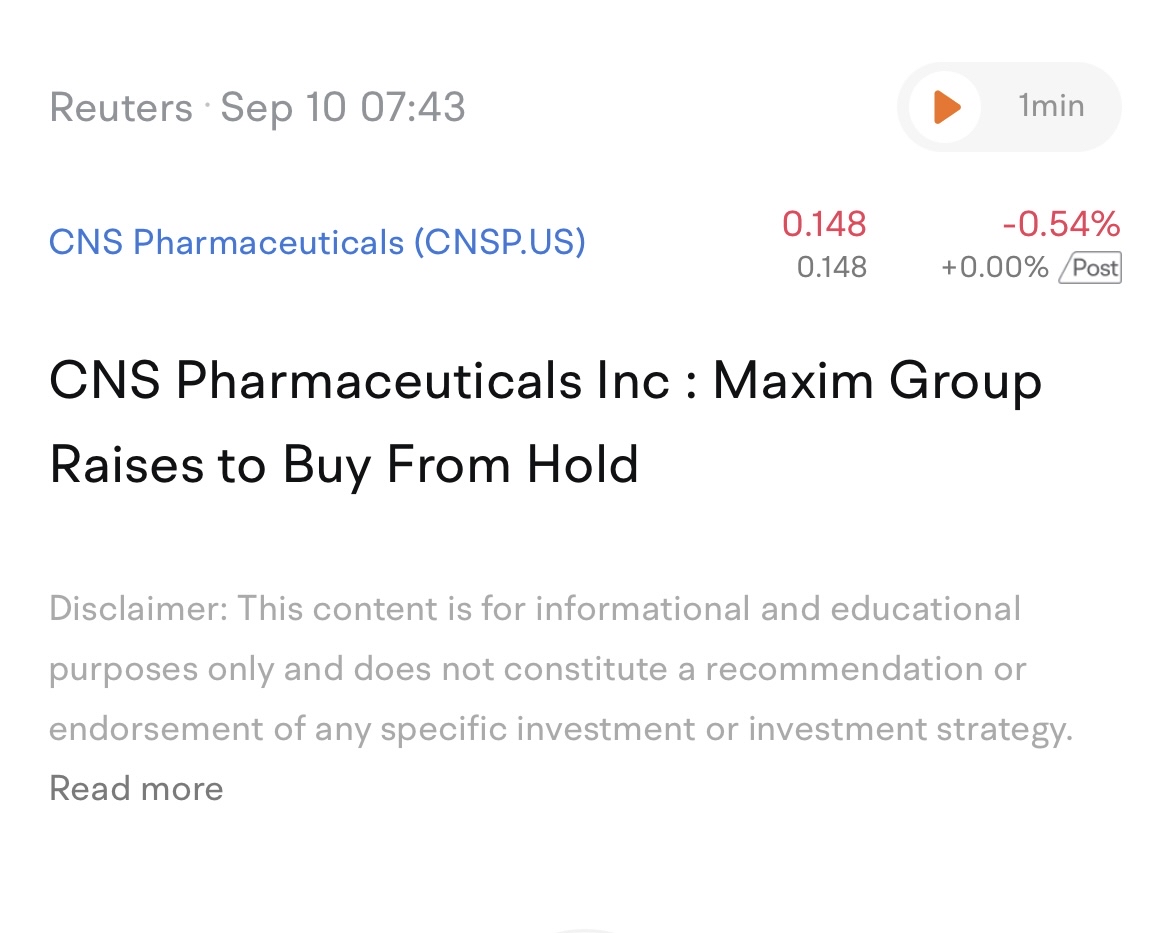 “CNS Pharmaceuticals Inc : Maxim Group Raises to Buy From Hold”