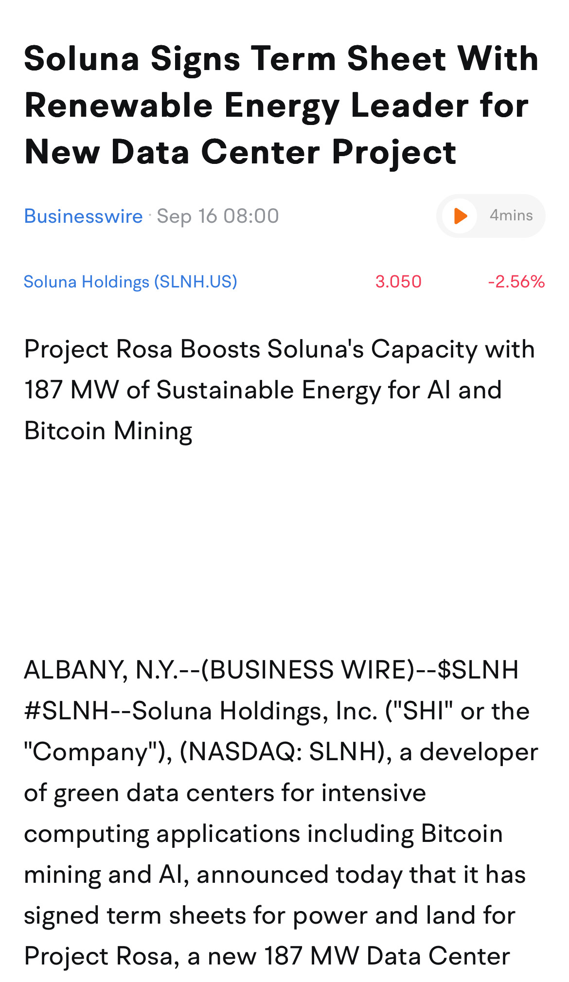 $Soluna Holdings (SLNH.US)$ [鏈接: Soluna與可再生能源領導者簽署了新idc概念項目的條款協議]