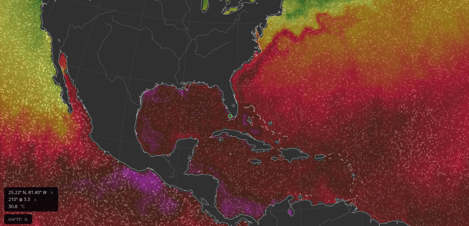 绿点显示的海面温度快照为 30.8°C /87.4°；来源：earth.nullschool.net