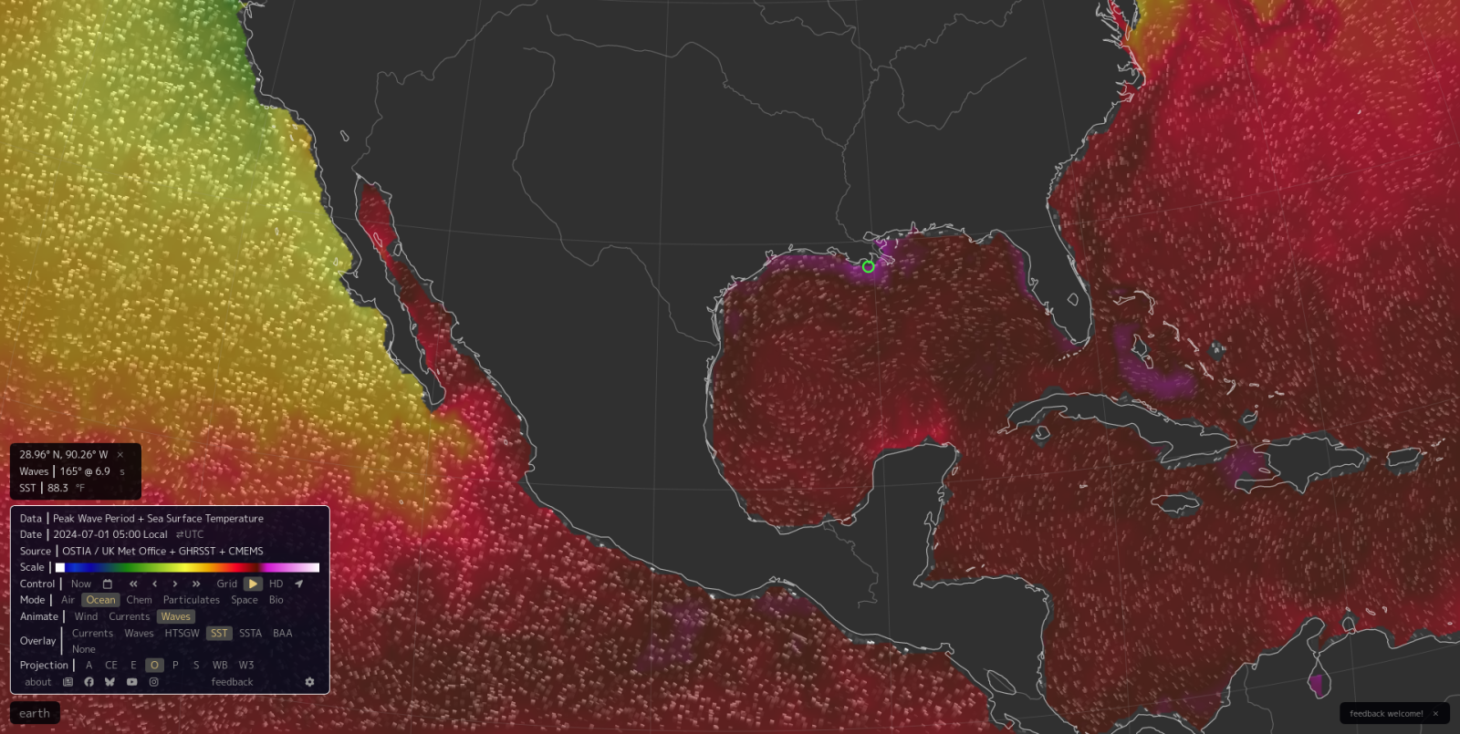 snapshot of Sea Surface Temps today from earth.nullschool.net