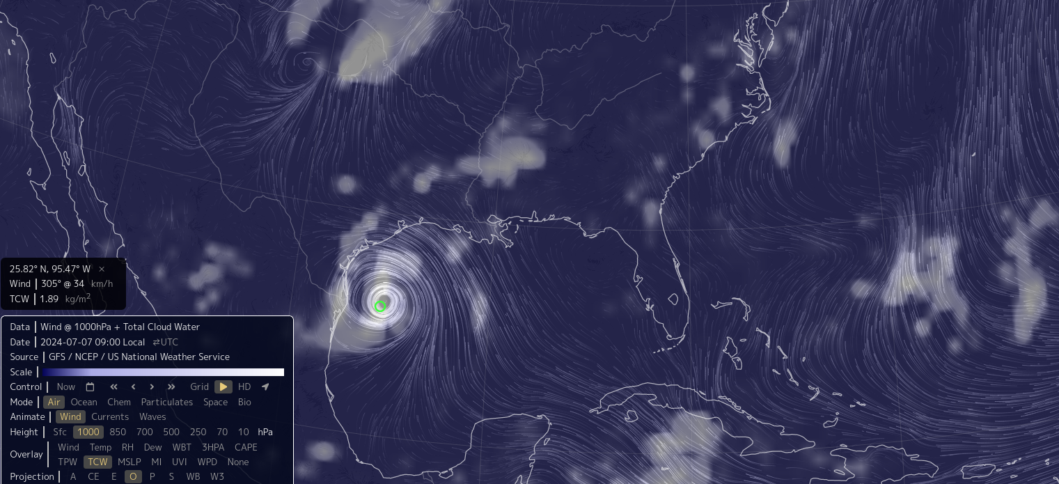 the SW eyewall of Beryl holding 1.89 kg per square meter of H2O; the data scale maxes out@ 1 kg/m2
