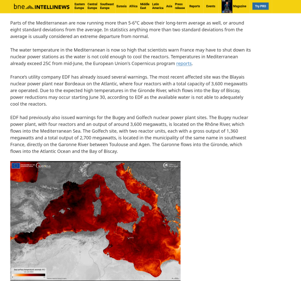 Nuclear power sites in danger of water too hot to cool the reactors
