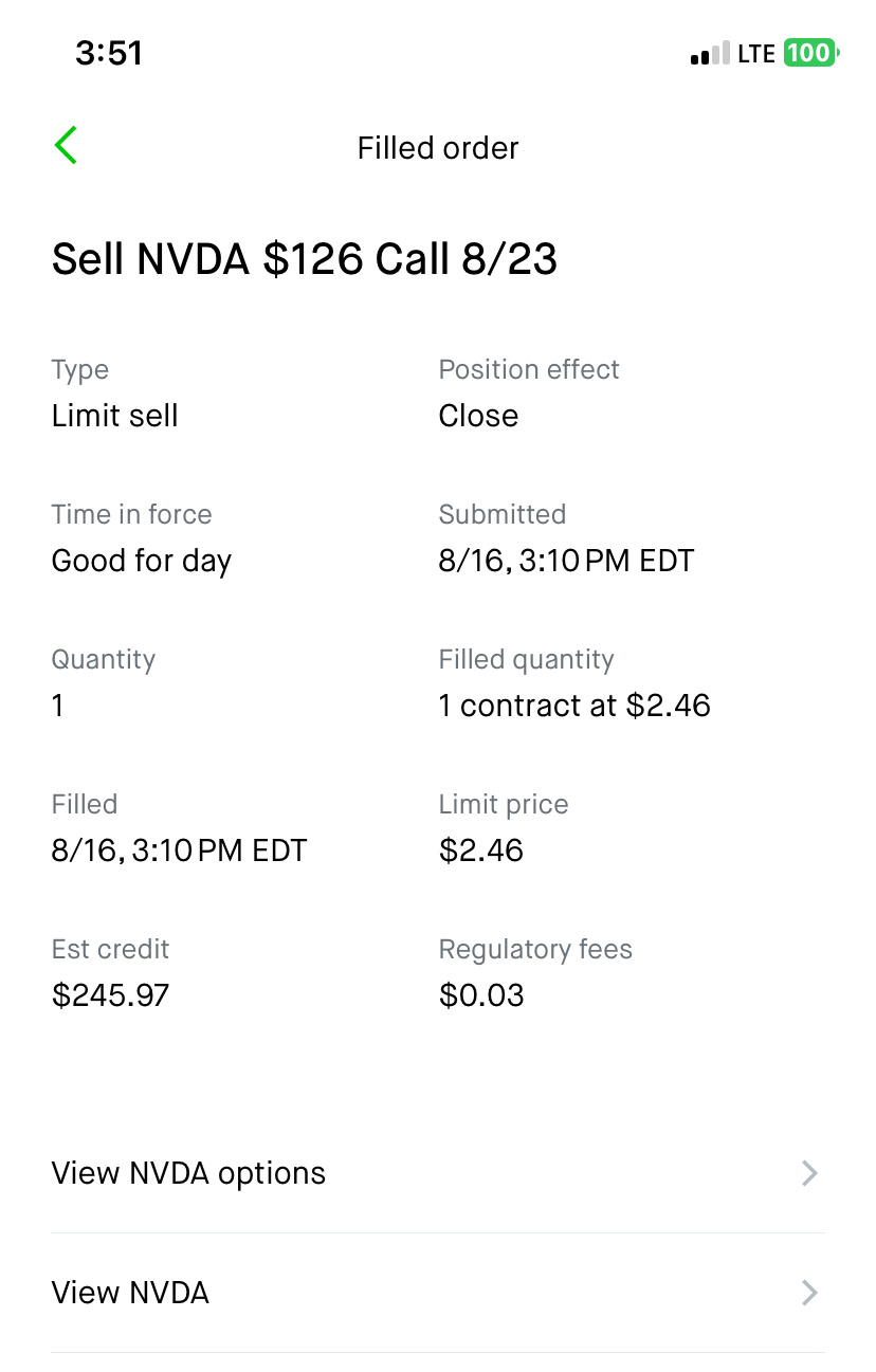 $NVIDIA (NVDA.US)$ NVDA choppy since this morning ! 2 contracts NIKE $82 call but got out $83.49 at 11:50am - missed out on CING, ASTS & RKLB.... SPY never pass...