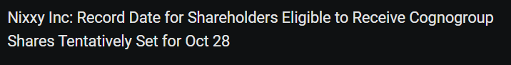 $Nixxy (NIXX.US)$ AESO股票分配的股份记录日期定于10/28，如果您持有这些股票，那么您将收到您的股份（如果您的平台支持，moomoo我怀疑因为场外交易所以我会在28号前将股份放入Etrade），在此期间预计会有一些泵浦，可能会杯柄上涨到20然后再回到2...我不是任何人，自己做尽职调查，分享知识，...