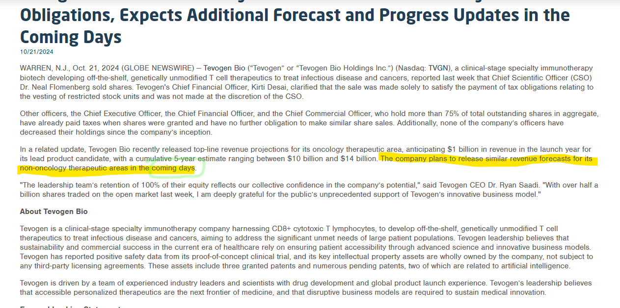 $Tevogen Bio Holdings (TVGN.US)$ "coming days"  after hour be nice lol