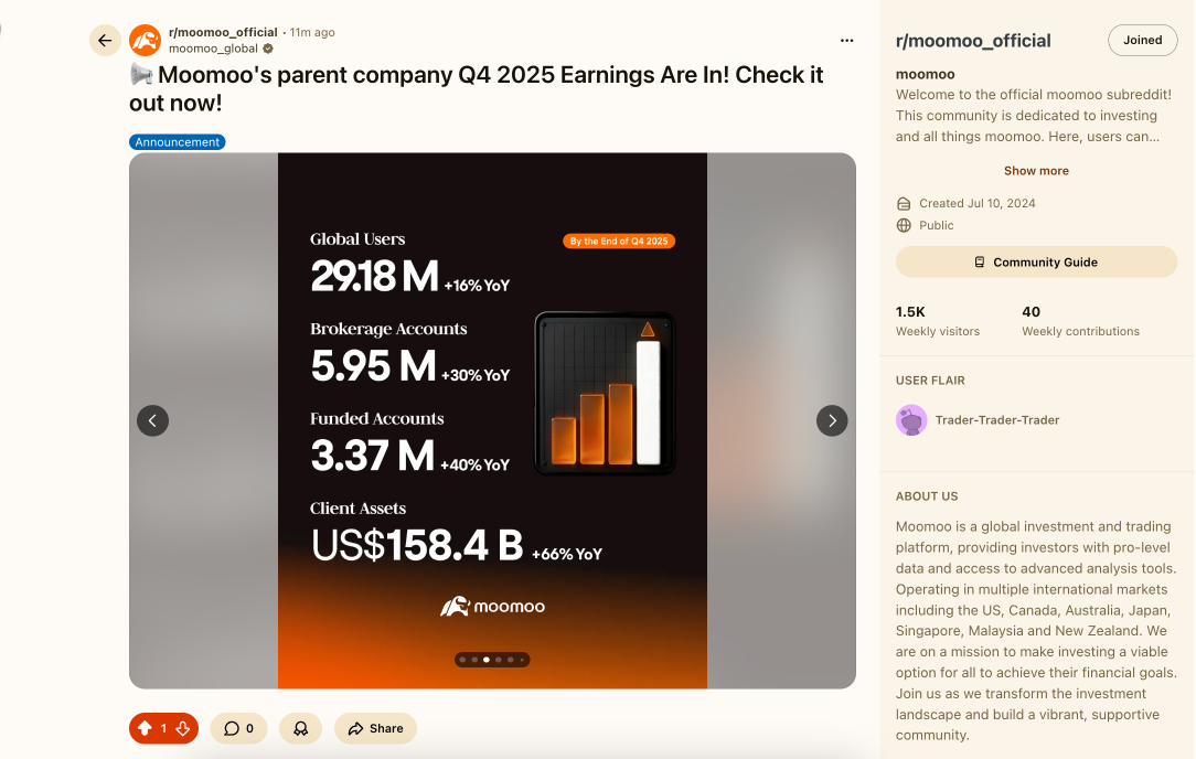 📢 moomoo母公司2025年第四季度财报出炉！请帮我们在Reddit上点赞支持