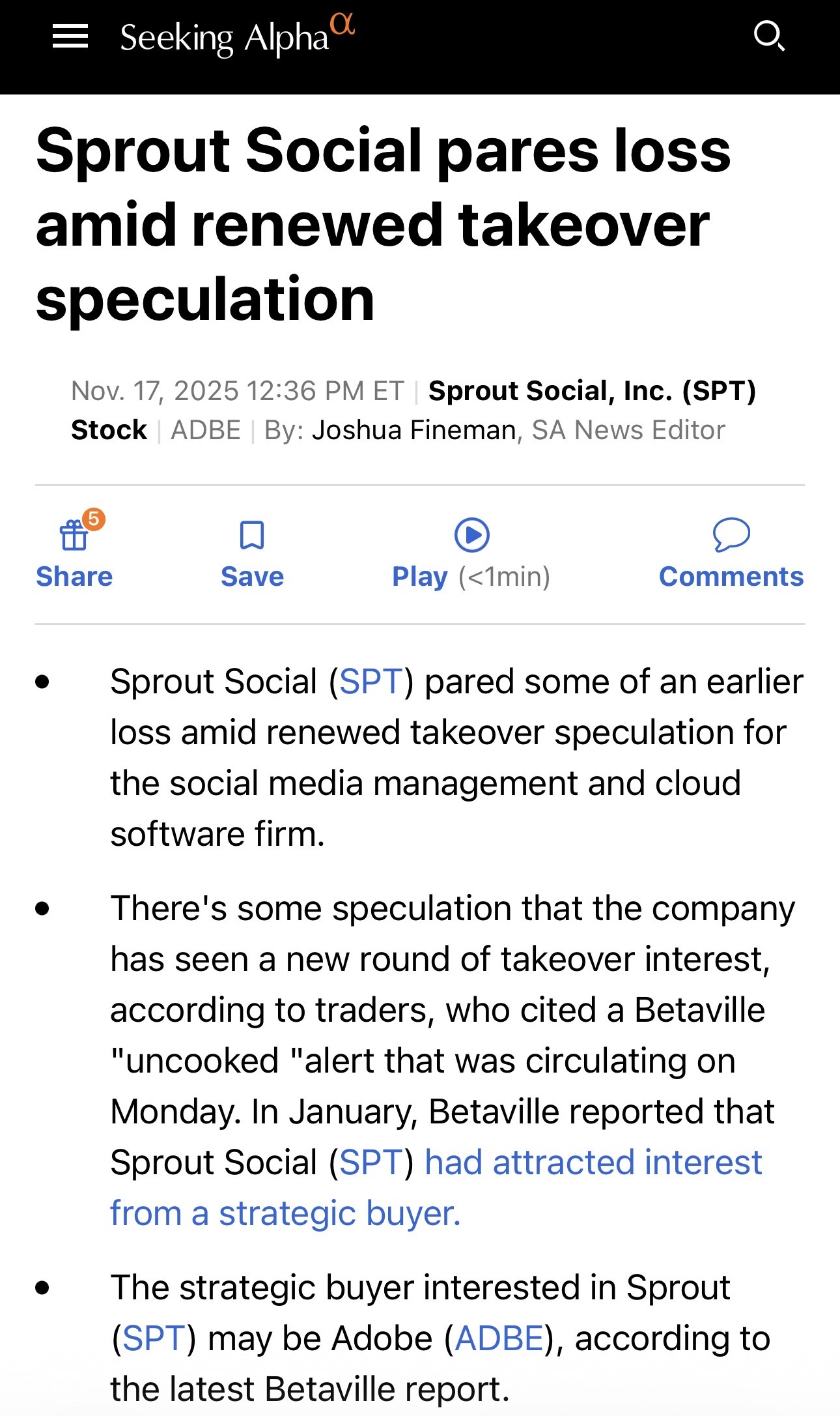 Adobe to acquire Sprout Social (Ticker: SPT)? - moomoo Community