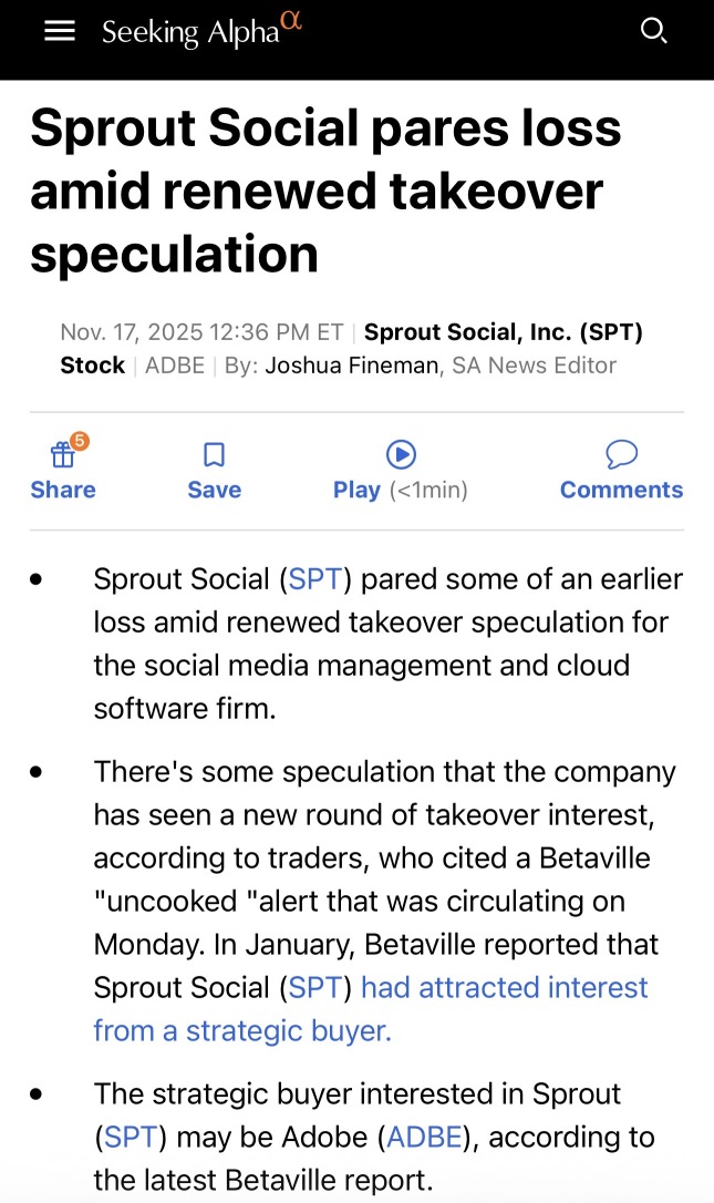 Adobe拟收购Sprout Social（股票代码：SPT）？