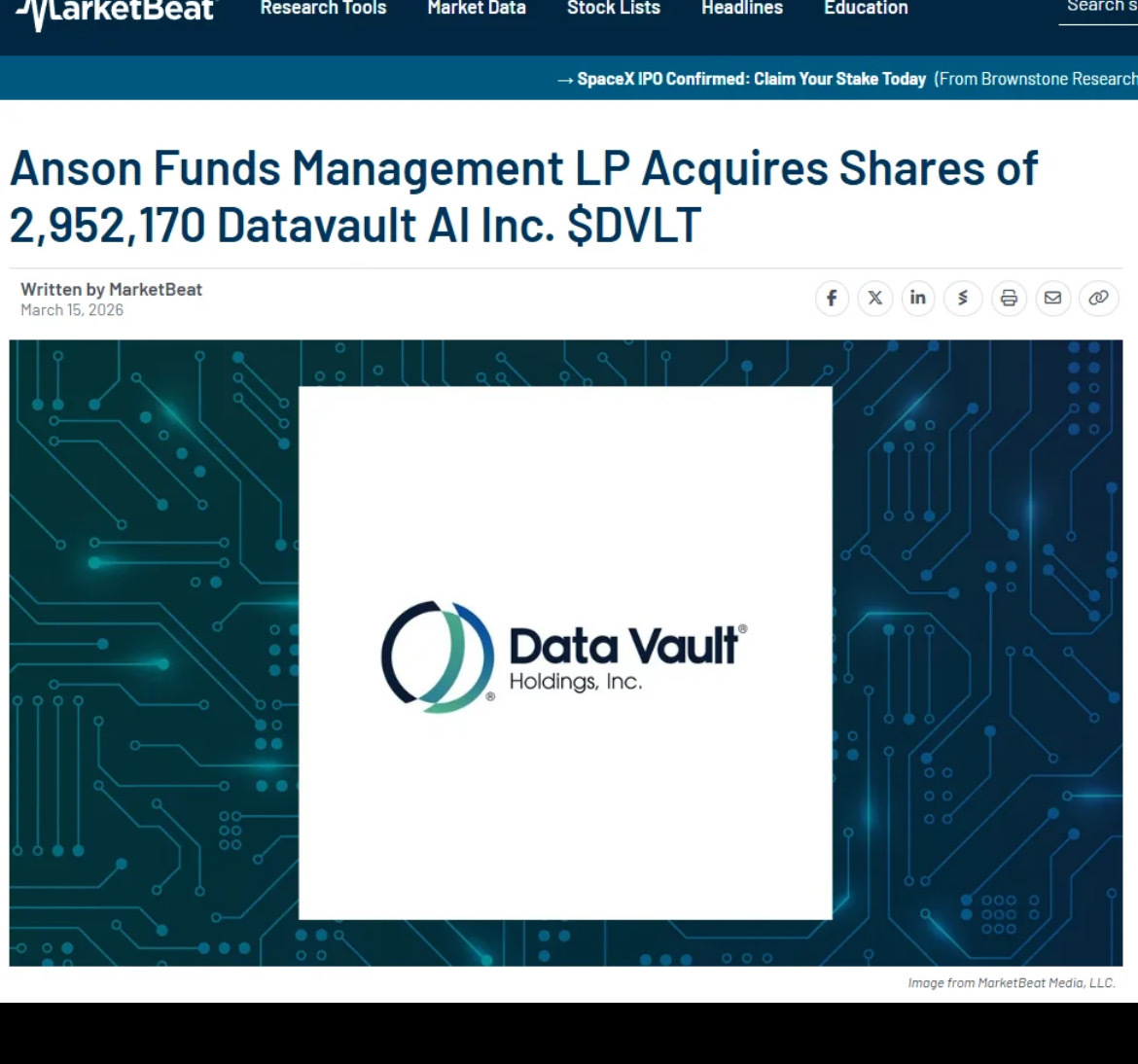 $Datavault AI (DVLT.US)$ 新机构持有者出现——散户→强手转移逐渐显现  一份新的机构申报文件显示，Anson Funds Management LP购入了2,952,170股$DVLT。  这几乎是悄无声息地吸纳了300万股，而散户的情绪一直在恐惧和投机之间摇摆。  这强化了许多人几周以来在图表上观察到的现象：  股票似乎正在从弱手向更强的机构持有者转移。  Lo...