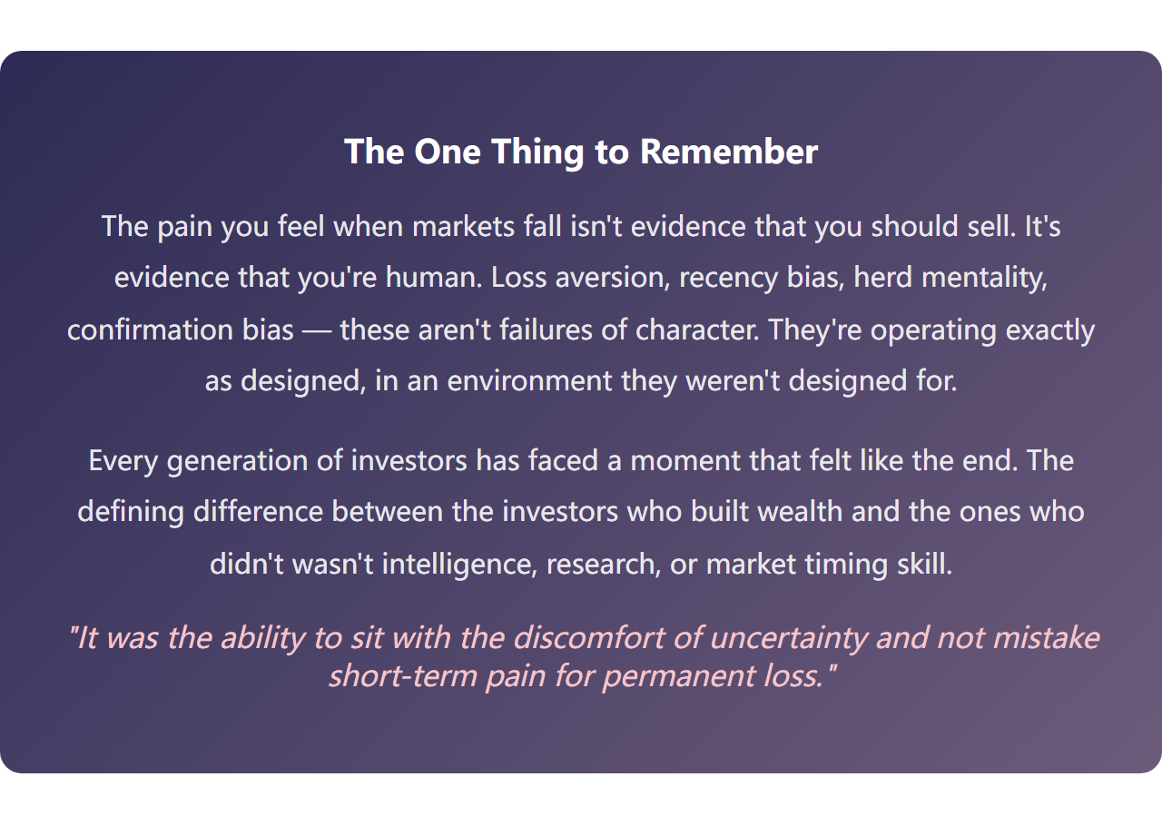 The hidden wiring that turns every dip into a disaster — and how to override it You've been there. The market opens red — again. You refresh your portfolio app, and the number is lower than yesterday. Your stomach tightens. If I sold now, I'd still be up from two years ago. At least I'd lock in something. And then you do something you'll regret. This isn't a story about bad luck or poor research. This is a story about your brain — specifi...