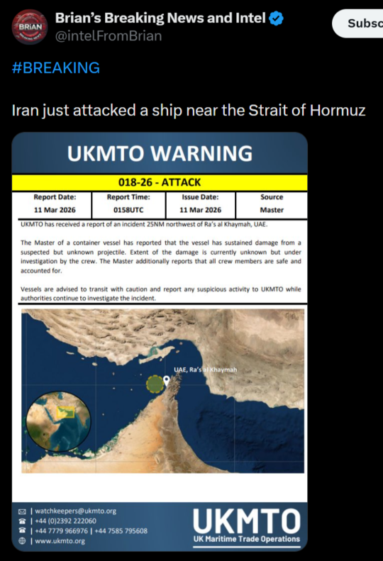 🚨 Cargo ship struck by a projectile in the Strait of Hormuz