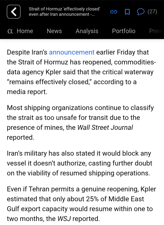 🚨 Strait of Hormuz "effectively closed" even after Iran announcement.