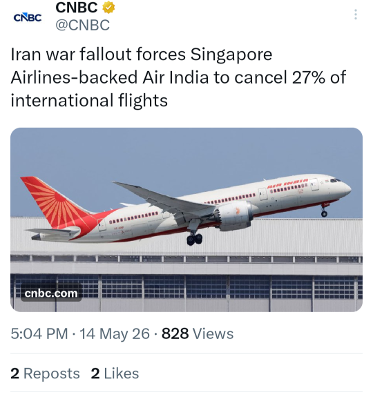 🚨⚠️ 伊朗战争影响迫使新加坡航空支持的印度航空取消27%的国际航班。——这对股市来说可不是好消息！！