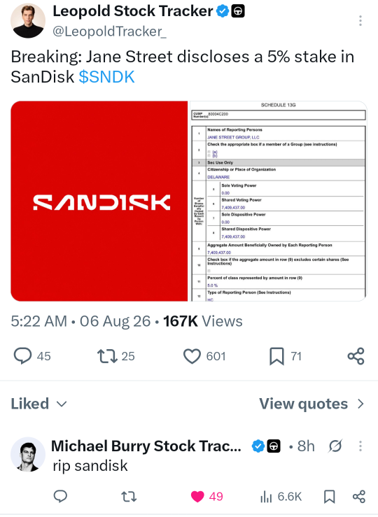 ลาก่อน Sandisk กับ Micron — Jane Street เปิดเผย สถานะพอร์ต ใน Sandisk และ Micron ส่วนตัวผมมองว่าหุ้นพวกนี้เละแน่