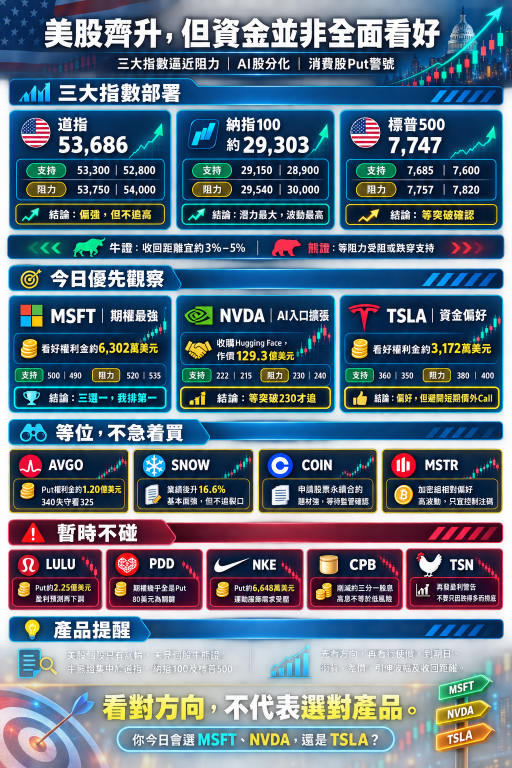 美股三大指數齊升，但資金並非全面看好：Nvidia、Microsoft、Tesla偏強，Broadcom、Lululemon、拼多多及Nike要小心